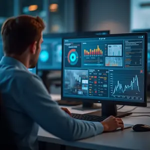 Man looking at a computer screen monitoring the Backup process on a server.