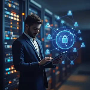 An IT Service Provider working on Server Management with 3D objects strong a padlock to symbolize secure