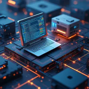 Business Continuity Planning Disaster Recovery laptop with glowing buildings.