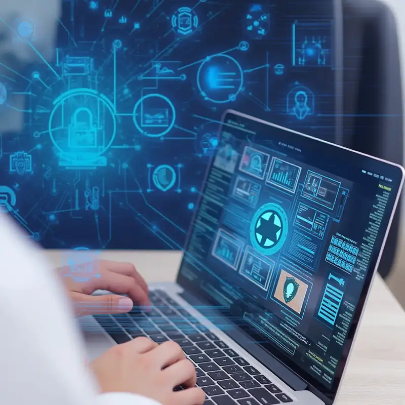 Man Typing on a keyboard with cyber security holographic images.