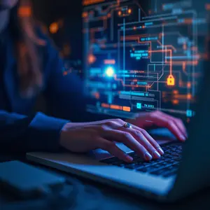 Cybersecurity Services Woman working on a laptop with holographic computer display.