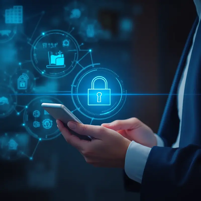 Man working on a celphone with a holographic image of a padlock to signify cybersecurity.