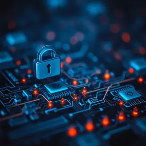 Cybersecurity services showing a padlock over a PC motherboard.