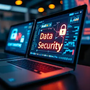 Data Security with blue and orange glowing symbolism on computer screen.