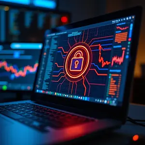 Data Security with blue and orange glowing symbolism on computer screens.