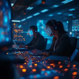 Hi-Tech Futuristic Internet-of-Things-ioT Solutions with blue and orange lights glowing with cybersecurity symbolism on technicians face.