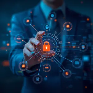 Secure User Access Management for Woodland Hills Businesses for IT Services, Man pointing finger at electronic image of a padlock.