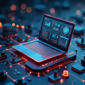 IT Budget Cost Optimization with glowing displays on a laptop.