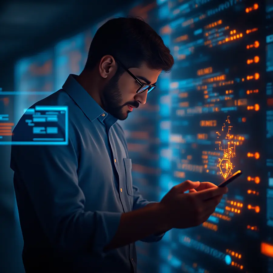 IT Infrastructure Services man working with glowing symbols.