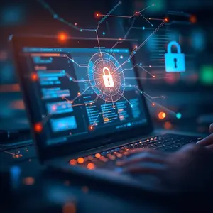 IT Security Management padlock on the laptop screen and one in three-D space.