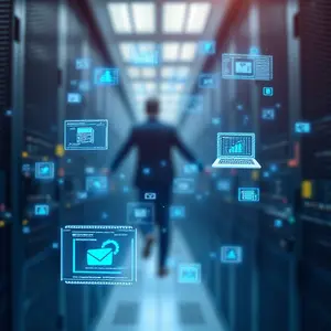IT Service engineer at a Data Center Management Services with 3D symbolism floating all around.