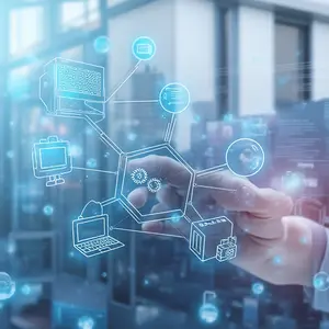 IT Service engineer with 'Virtualization' Services with 3D symbolism floating in the air.