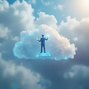 IT Man working on Cloud Computing with 3D symbolism floating in the air.