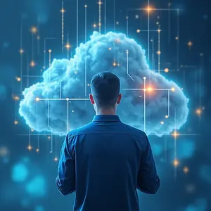 IT Man working on Cloud Computing with 3D symbolism floating in the air showing connections.