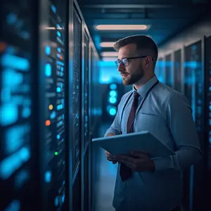 Network Management with a man standing in front of server network racks.