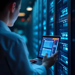 Network Management with a man standing in front of server racks hold a laptop confirming the readouts