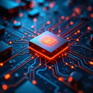 Network Security with blue and orange glowing cybersecurity symbolism circuits and a digital orange glowing document box.
