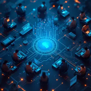 Telecommunications & Networking with Cybersecurity symbolism with blue and orange lights with a light beams of data holographically over people working on computers.