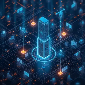 Telecommunications & Networking with Cybersecurity symbolism with blue and orange lights with a skyscraper of data holographically over people working on computers.